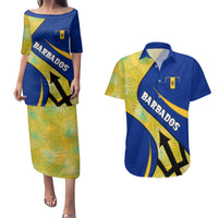 Barbados Flag Couples Matching Puletasi and Hawaiian Shirt Blue and Yellow with Trident and Tropical Leaf Pattern - Wonder Print Shop