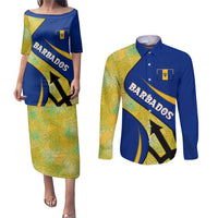 Barbados Flag Couples Matching Puletasi and Long Sleeve Button Shirt Blue and Yellow with Trident and Tropical Leaf Pattern - Wonder Print Shop