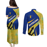 Barbados Flag Couples Matching Puletasi and Long Sleeve Button Shirt Blue and Yellow with Trident and Tropical Leaf Pattern - Wonder Print Shop