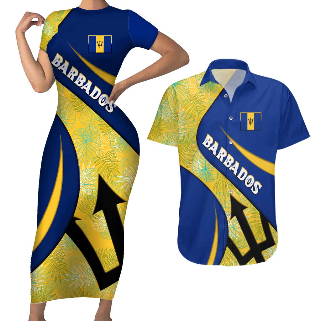 Barbados Flag Couples Matching Short Sleeve Bodycon Dress and Hawaiian Shirt Blue and Yellow with Trident and Tropical Leaf Pattern - Wonder Print Shop