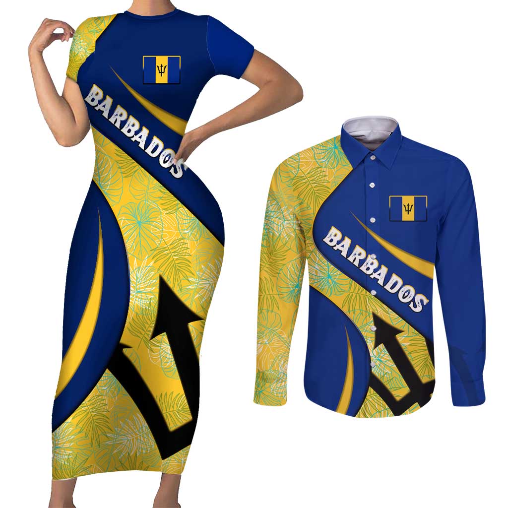 Barbados Flag Couples Matching Short Sleeve Bodycon Dress and Long Sleeve Button Shirt Blue and Yellow with Trident and Tropical Leaf Pattern - Wonder Print Shop