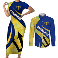 Barbados Flag Couples Matching Short Sleeve Bodycon Dress and Long Sleeve Button Shirt Blue and Yellow with Trident and Tropical Leaf Pattern - Wonder Print Shop