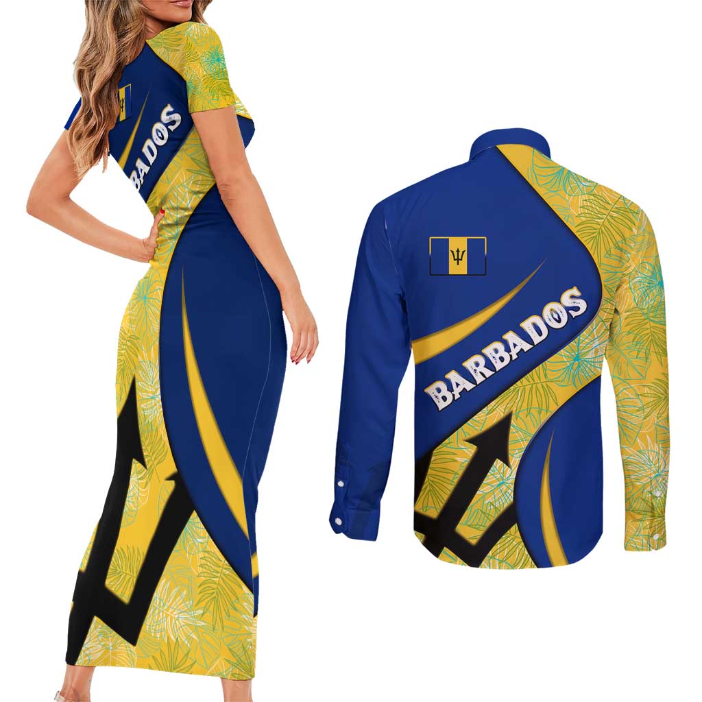 Barbados Flag Couples Matching Short Sleeve Bodycon Dress and Long Sleeve Button Shirt Blue and Yellow with Trident and Tropical Leaf Pattern - Wonder Print Shop