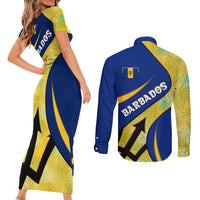 Barbados Flag Couples Matching Short Sleeve Bodycon Dress and Long Sleeve Button Shirt Blue and Yellow with Trident and Tropical Leaf Pattern - Wonder Print Shop