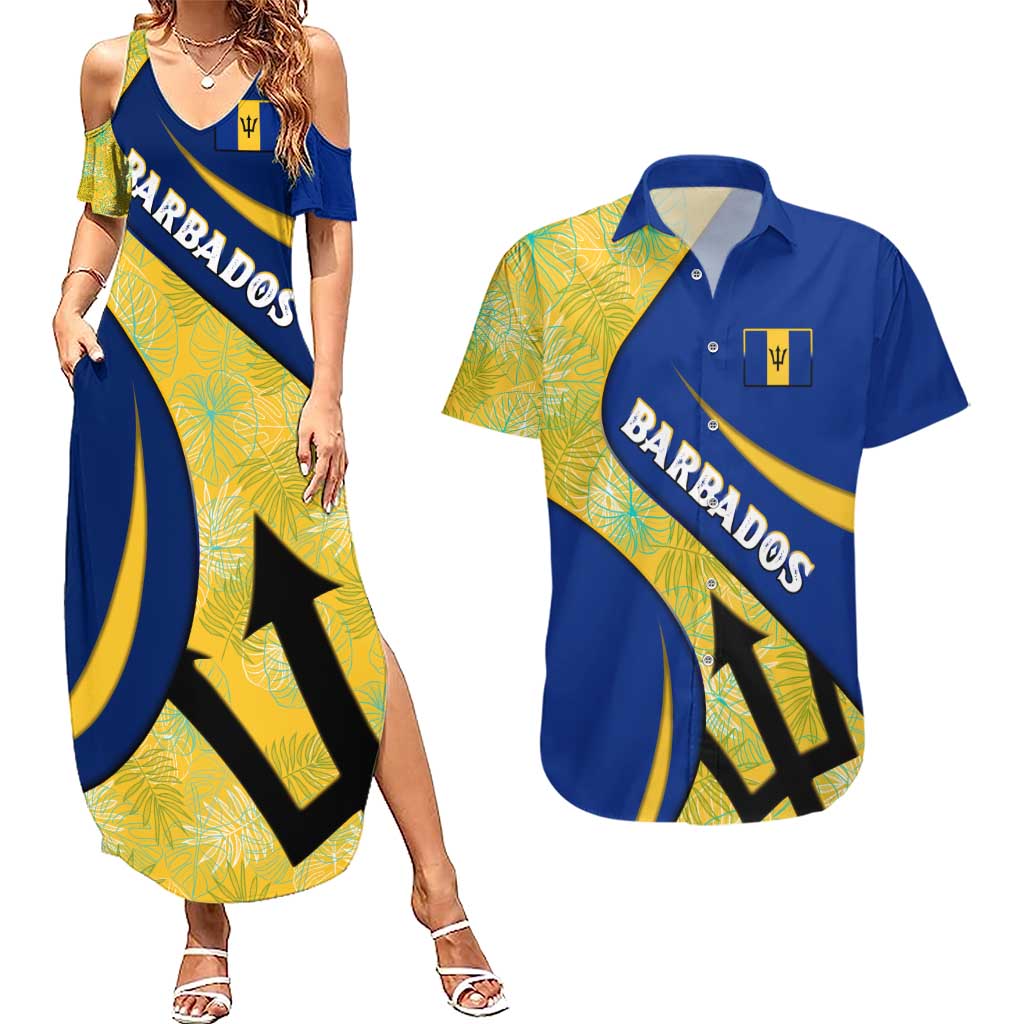Barbados Flag Couples Matching Summer Maxi Dress and Hawaiian Shirt Blue and Yellow with Trident and Tropical Leaf Pattern - Wonder Print Shop