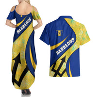 Barbados Flag Couples Matching Summer Maxi Dress and Hawaiian Shirt Blue and Yellow with Trident and Tropical Leaf Pattern - Wonder Print Shop