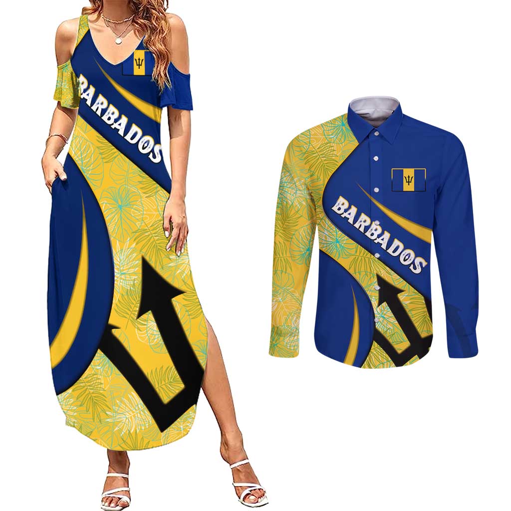 Barbados Flag Couples Matching Summer Maxi Dress and Long Sleeve Button Shirt Blue and Yellow with Trident and Tropical Leaf Pattern - Wonder Print Shop