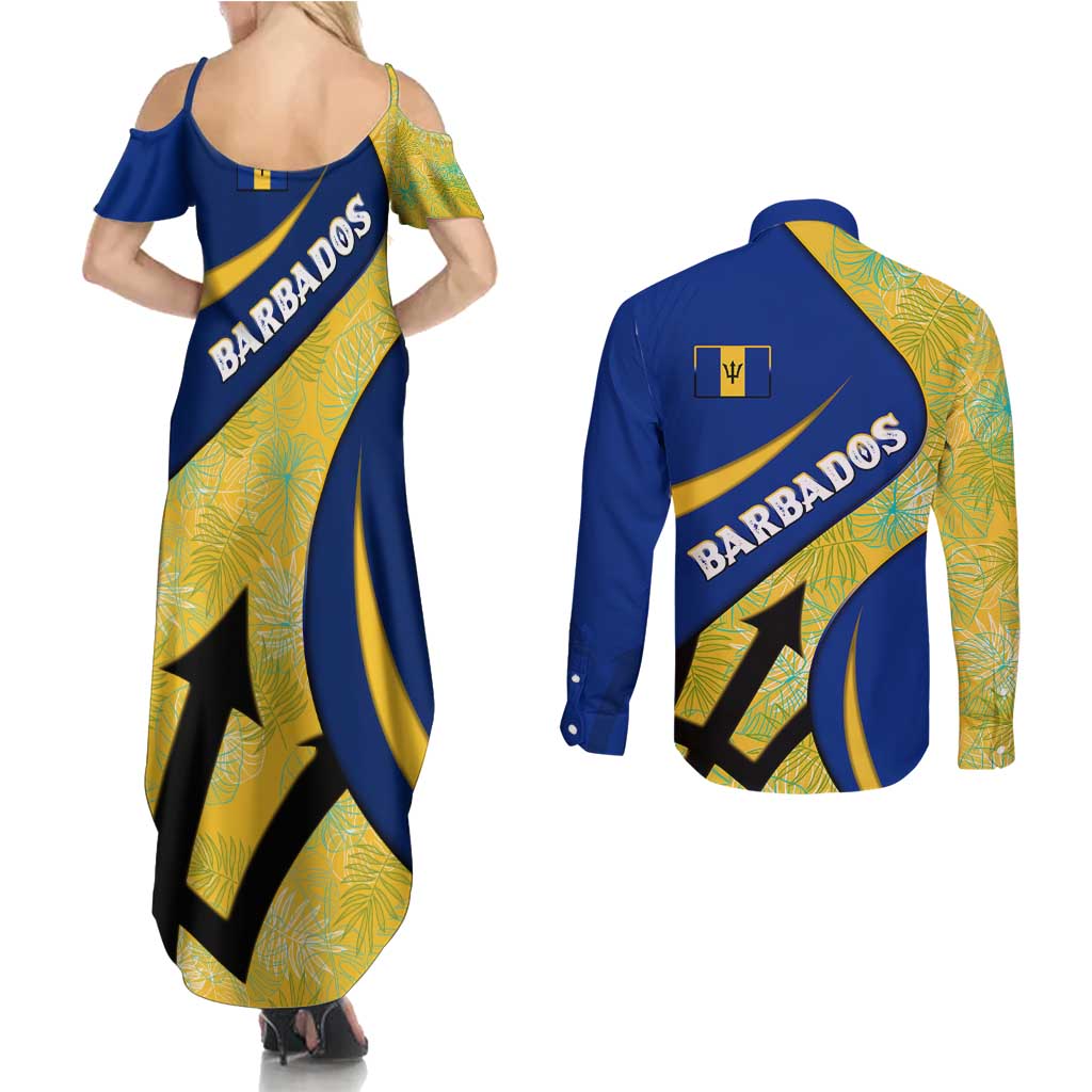 Barbados Flag Couples Matching Summer Maxi Dress and Long Sleeve Button Shirt Blue and Yellow with Trident and Tropical Leaf Pattern - Wonder Print Shop