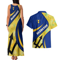 Barbados Flag Couples Matching Tank Maxi Dress and Hawaiian Shirt Blue and Yellow with Trident and Tropical Leaf Pattern - Wonder Print Shop
