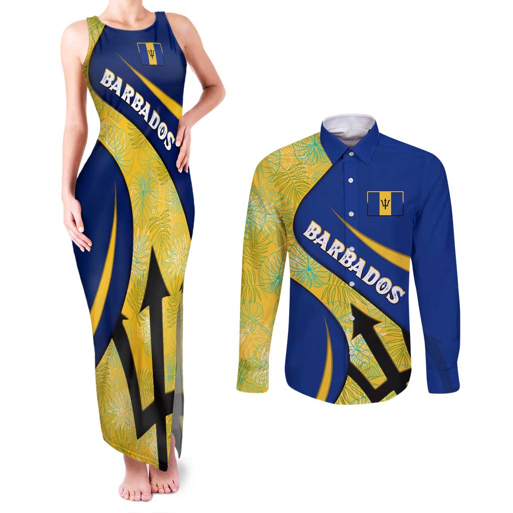Barbados Flag Couples Matching Tank Maxi Dress and Long Sleeve Button Shirt Blue and Yellow with Trident and Tropical Leaf Pattern - Wonder Print Shop
