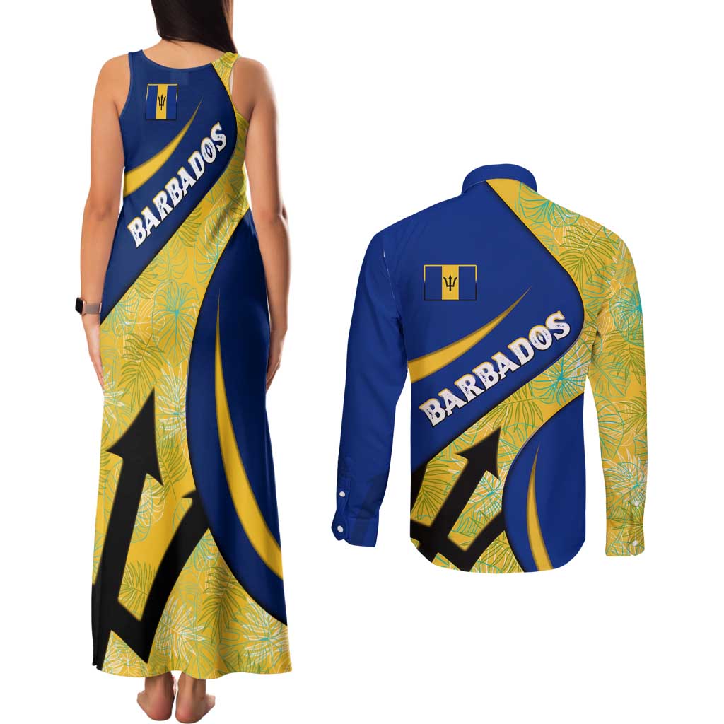 Barbados Flag Couples Matching Tank Maxi Dress and Long Sleeve Button Shirt Blue and Yellow with Trident and Tropical Leaf Pattern - Wonder Print Shop