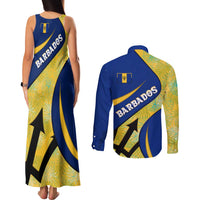 Barbados Flag Couples Matching Tank Maxi Dress and Long Sleeve Button Shirt Blue and Yellow with Trident and Tropical Leaf Pattern - Wonder Print Shop
