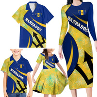 Barbados Flag Family Matching Long Sleeve Bodycon Dress and Hawaiian Shirt Blue and Yellow with Trident and Tropical Leaf Pattern - Wonder Print Shop