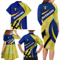 Barbados Flag Family Matching Long Sleeve Bodycon Dress and Hawaiian Shirt Blue and Yellow with Trident and Tropical Leaf Pattern - Wonder Print Shop