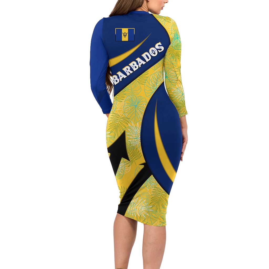 Barbados Flag Family Matching Long Sleeve Bodycon Dress and Hawaiian Shirt Blue and Yellow with Trident and Tropical Leaf Pattern - Wonder Print Shop