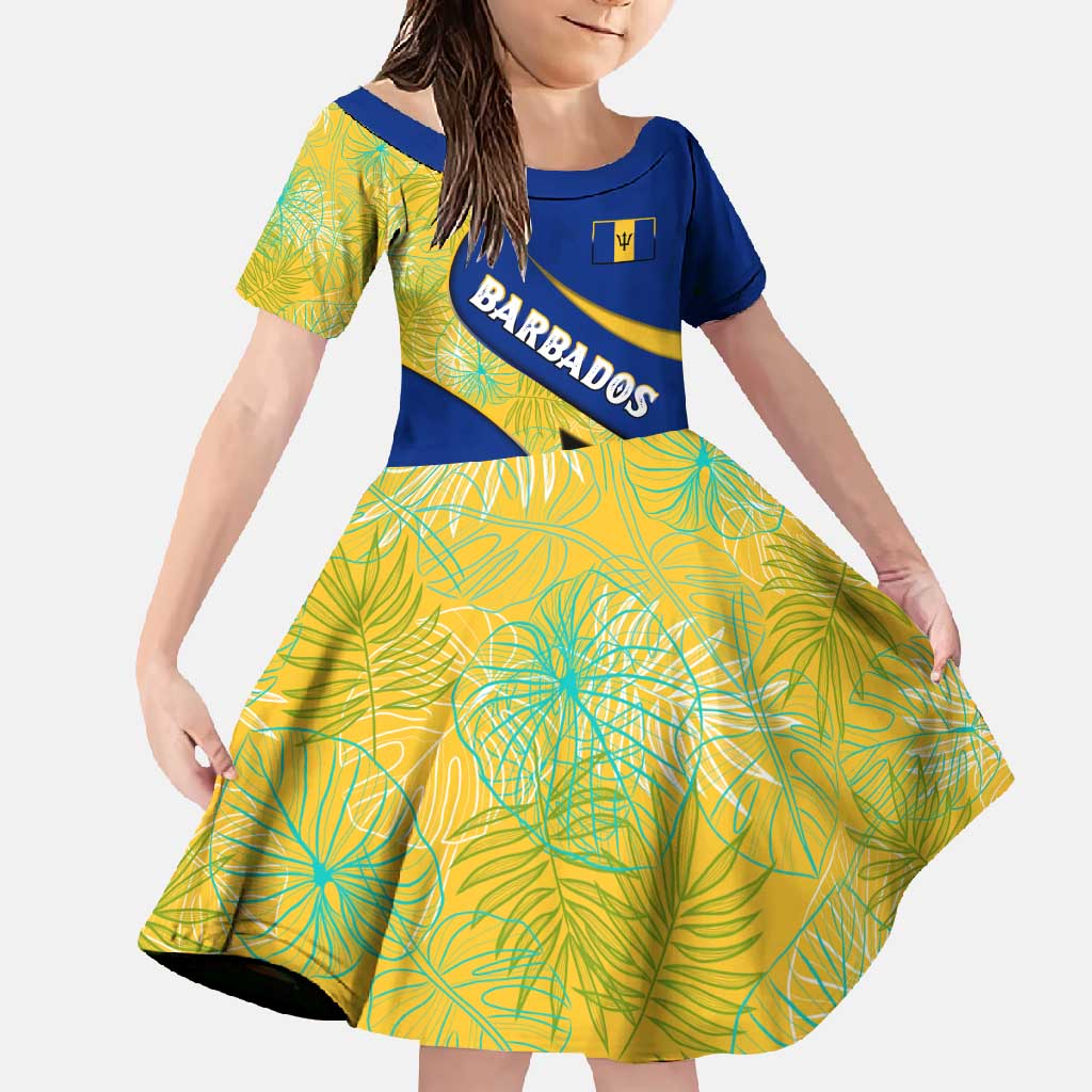 Barbados Flag Family Matching Mermaid Dress and Hawaiian Shirt Blue and Yellow with Trident and Tropical Leaf Pattern - Wonder Print Shop