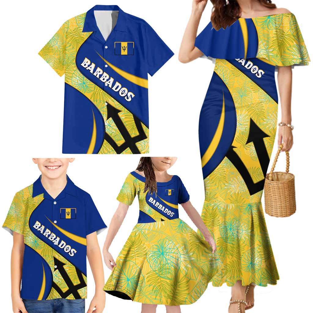 Barbados Flag Family Matching Mermaid Dress and Hawaiian Shirt Blue and Yellow with Trident and Tropical Leaf Pattern - Wonder Print Shop