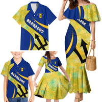 Barbados Flag Family Matching Mermaid Dress and Hawaiian Shirt Blue and Yellow with Trident and Tropical Leaf Pattern - Wonder Print Shop