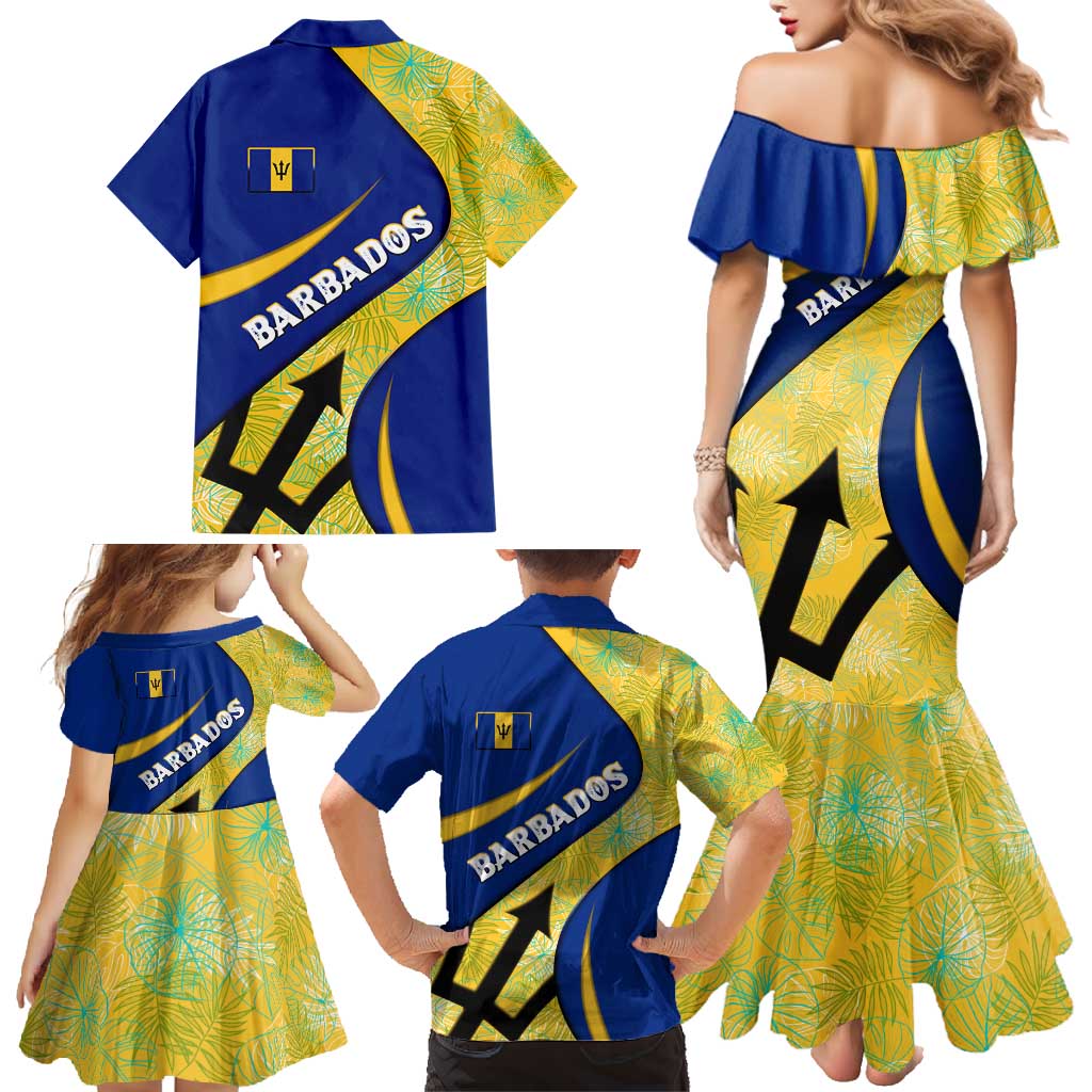Barbados Flag Family Matching Mermaid Dress and Hawaiian Shirt Blue and Yellow with Trident and Tropical Leaf Pattern - Wonder Print Shop