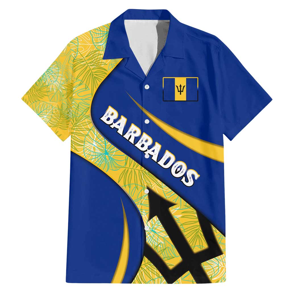 Barbados Flag Family Matching Mermaid Dress and Hawaiian Shirt Blue and Yellow with Trident and Tropical Leaf Pattern - Wonder Print Shop