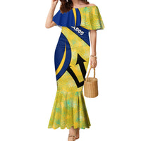 Barbados Flag Family Matching Mermaid Dress and Hawaiian Shirt Blue and Yellow with Trident and Tropical Leaf Pattern - Wonder Print Shop