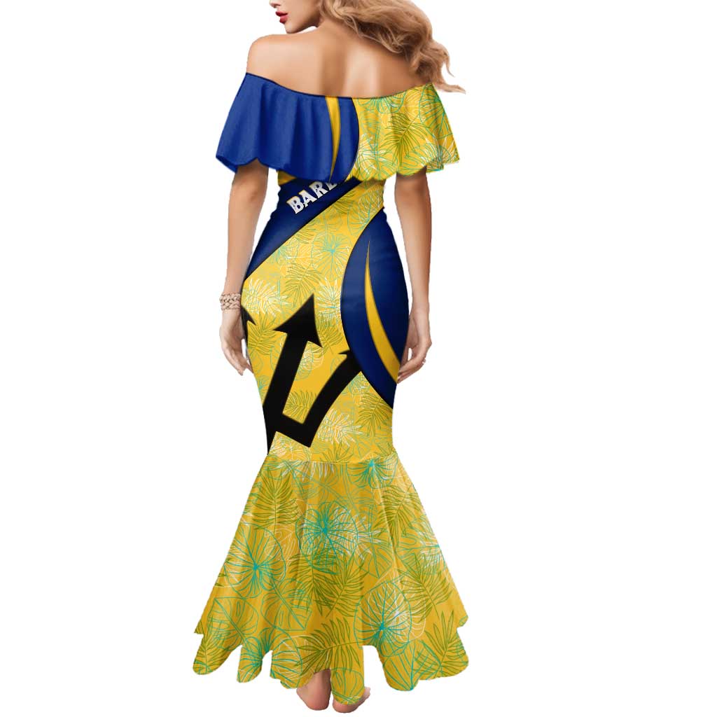 Barbados Flag Family Matching Mermaid Dress and Hawaiian Shirt Blue and Yellow with Trident and Tropical Leaf Pattern - Wonder Print Shop