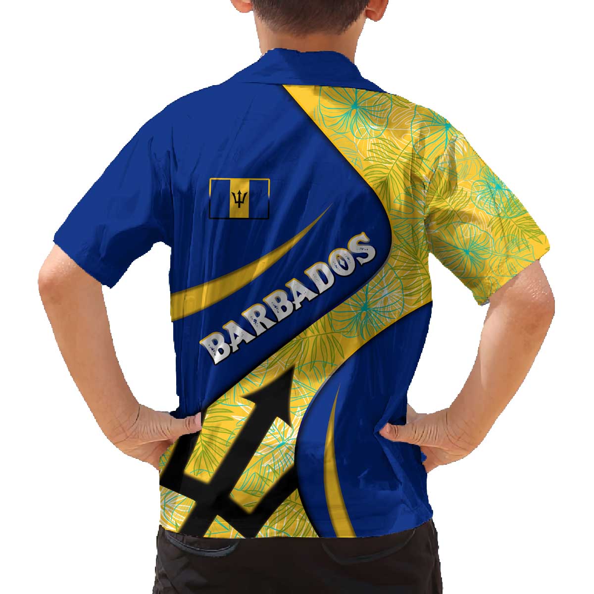 Barbados Flag Family Matching Off The Shoulder Long Sleeve Dress and Hawaiian Shirt Blue and Yellow with Trident and Tropical Leaf Pattern - Wonder Print Shop