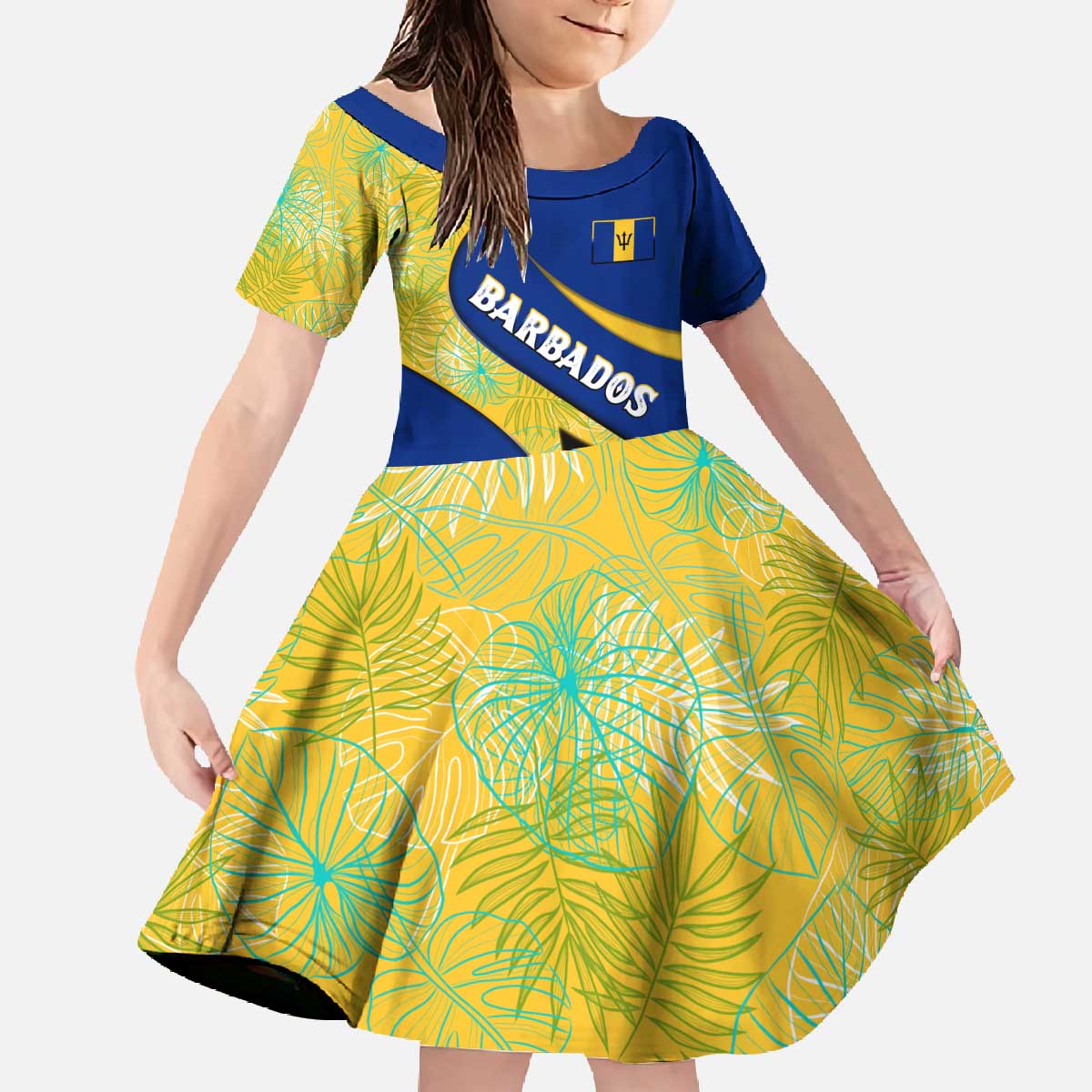 Barbados Flag Family Matching Off The Shoulder Long Sleeve Dress and Hawaiian Shirt Blue and Yellow with Trident and Tropical Leaf Pattern - Wonder Print Shop