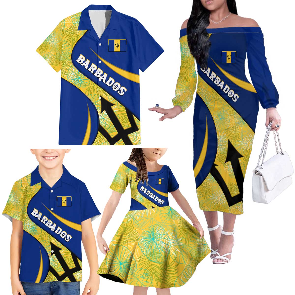 Barbados Flag Family Matching Off The Shoulder Long Sleeve Dress and Hawaiian Shirt Blue and Yellow with Trident and Tropical Leaf Pattern - Wonder Print Shop