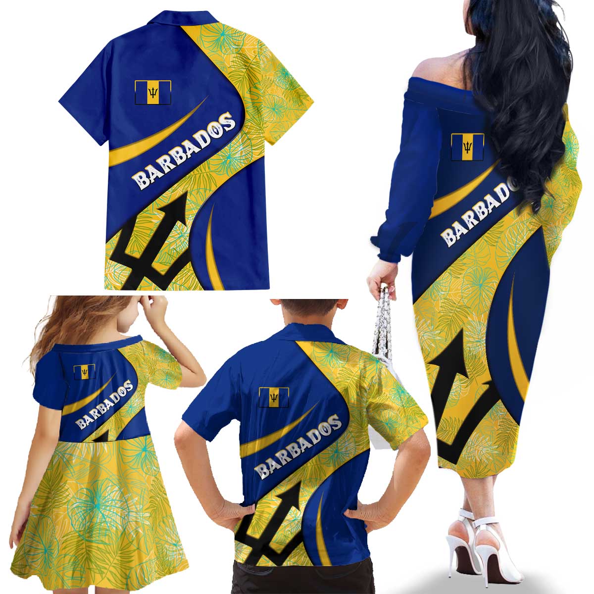 Barbados Flag Family Matching Off The Shoulder Long Sleeve Dress and Hawaiian Shirt Blue and Yellow with Trident and Tropical Leaf Pattern - Wonder Print Shop
