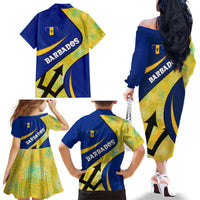 Barbados Flag Family Matching Off The Shoulder Long Sleeve Dress and Hawaiian Shirt Blue and Yellow with Trident and Tropical Leaf Pattern - Wonder Print Shop