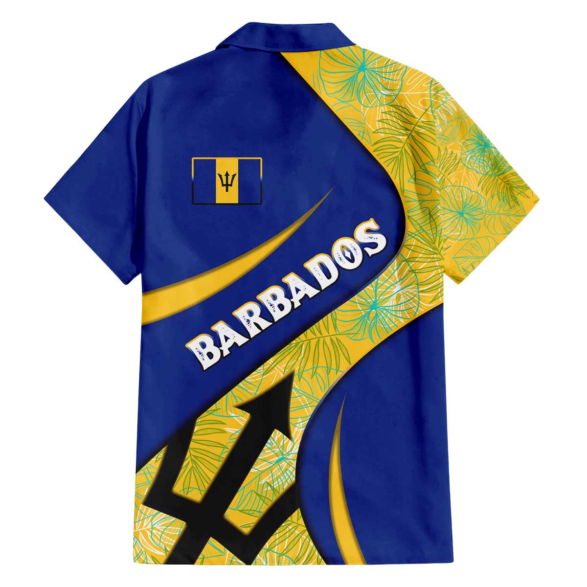 Barbados Flag Family Matching Off The Shoulder Long Sleeve Dress and Hawaiian Shirt Blue and Yellow with Trident and Tropical Leaf Pattern - Wonder Print Shop