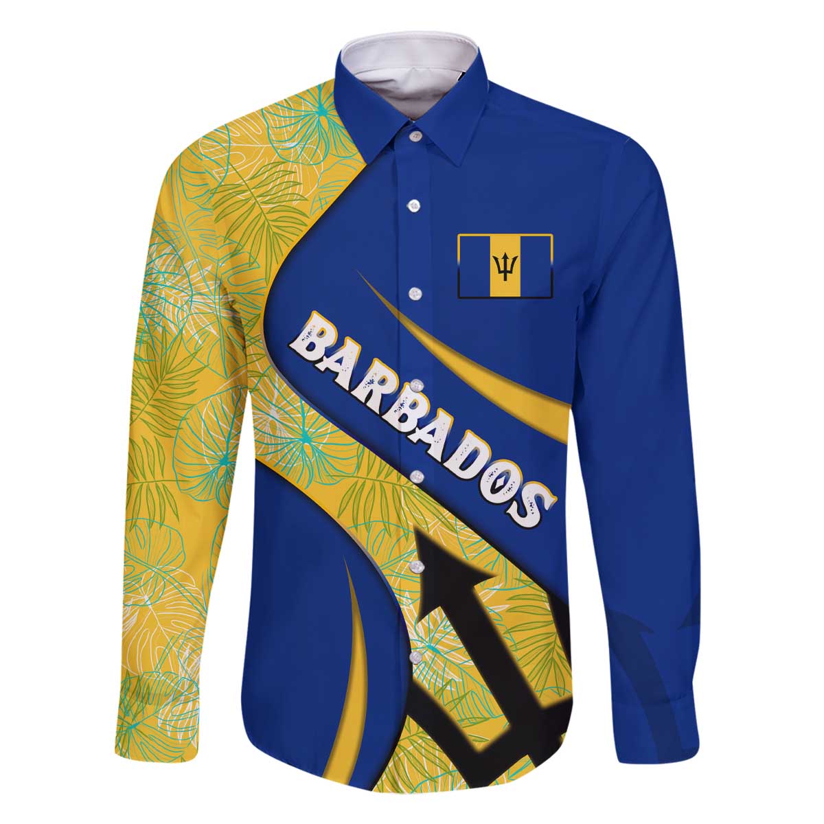 Barbados Flag Family Matching Off The Shoulder Long Sleeve Dress and Hawaiian Shirt Blue and Yellow with Trident and Tropical Leaf Pattern - Wonder Print Shop