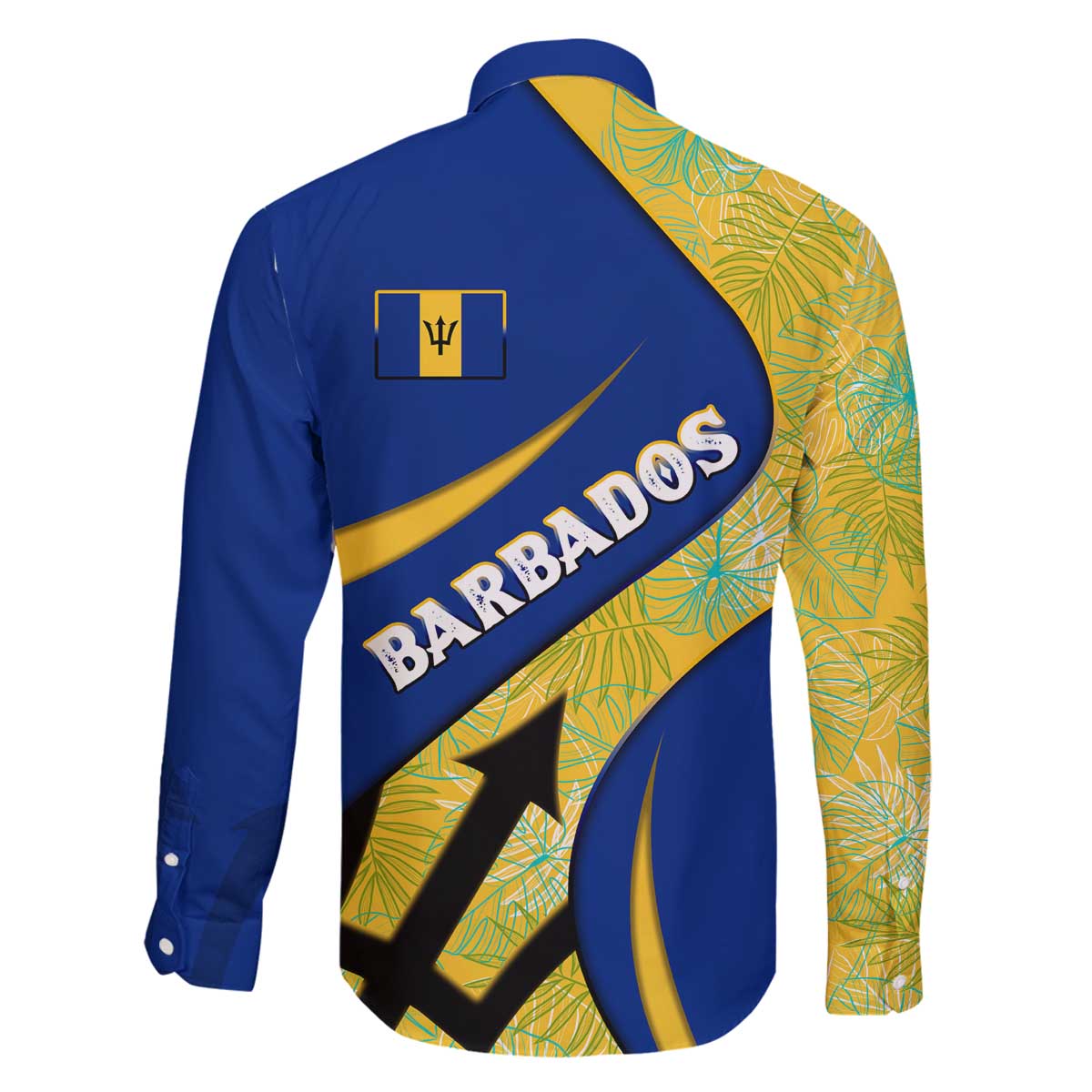 Barbados Flag Family Matching Off The Shoulder Long Sleeve Dress and Hawaiian Shirt Blue and Yellow with Trident and Tropical Leaf Pattern - Wonder Print Shop