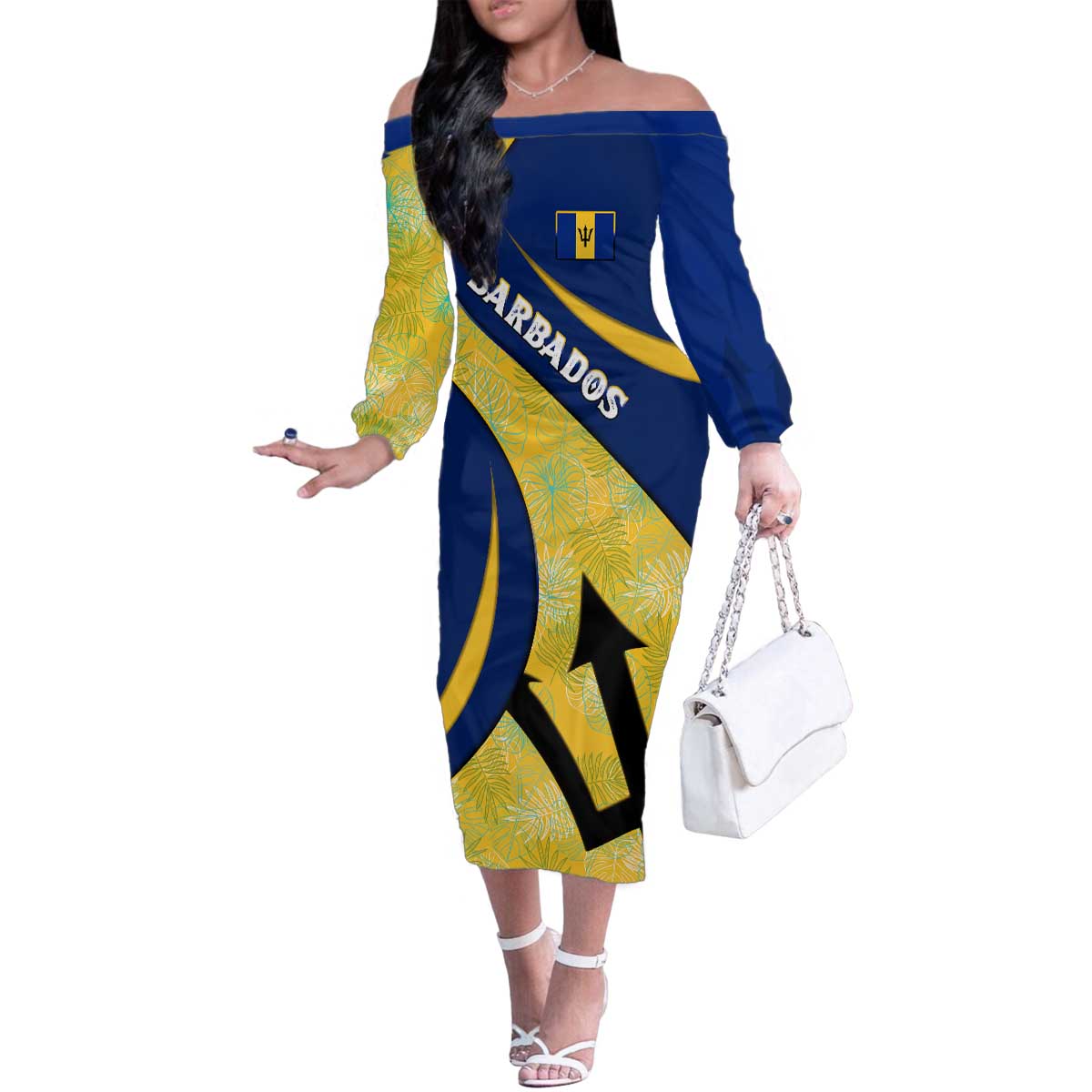 Barbados Flag Family Matching Off The Shoulder Long Sleeve Dress and Hawaiian Shirt Blue and Yellow with Trident and Tropical Leaf Pattern - Wonder Print Shop