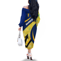 Barbados Flag Family Matching Off The Shoulder Long Sleeve Dress and Hawaiian Shirt Blue and Yellow with Trident and Tropical Leaf Pattern - Wonder Print Shop