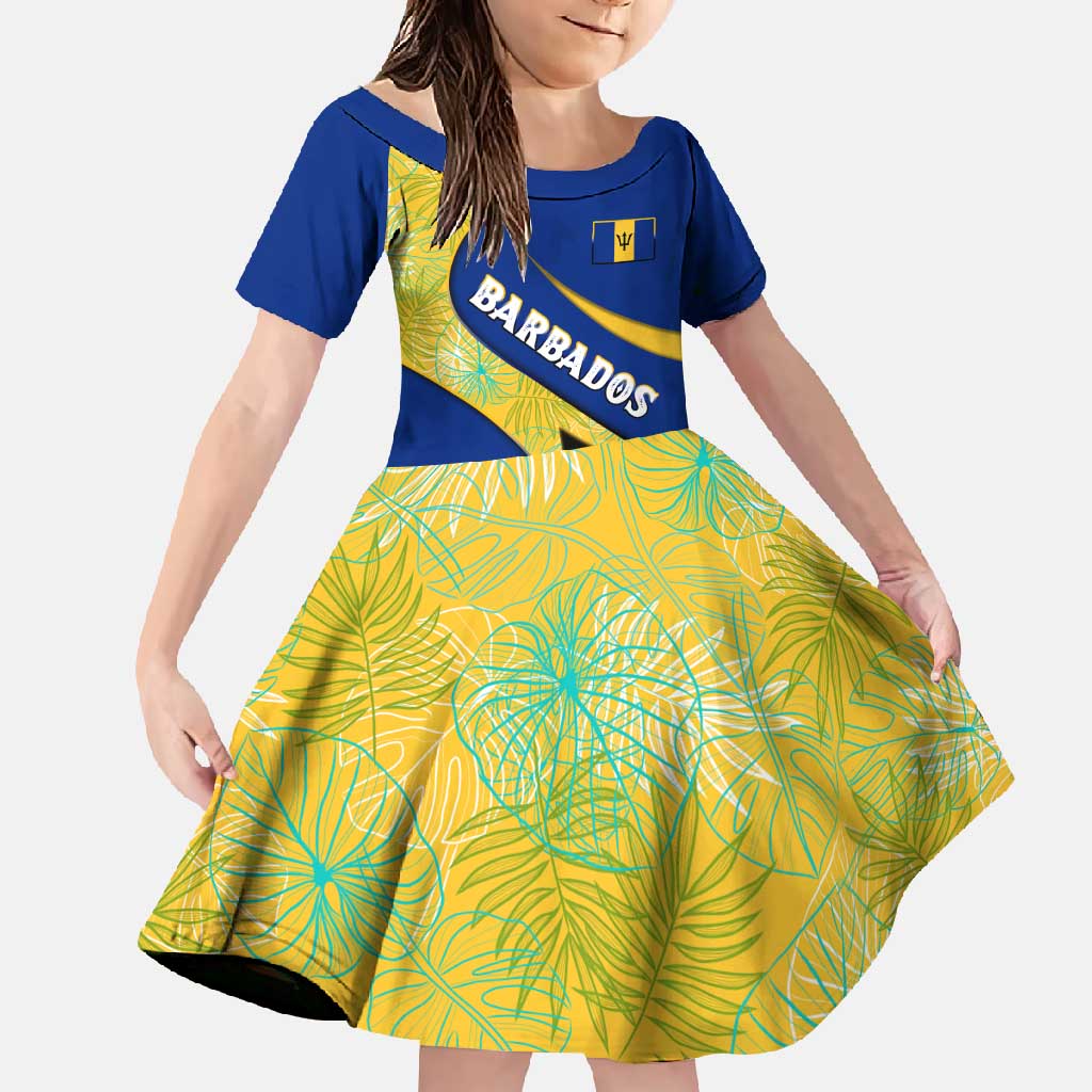 Barbados Flag Family Matching Off Shoulder Maxi Dress and Hawaiian Shirt Blue and Yellow with Trident and Tropical Leaf Pattern - Wonder Print Shop
