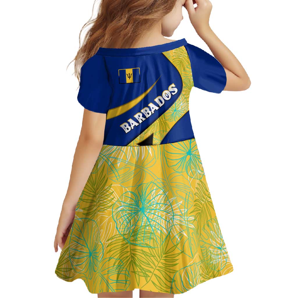 Barbados Flag Family Matching Off Shoulder Maxi Dress and Hawaiian Shirt Blue and Yellow with Trident and Tropical Leaf Pattern - Wonder Print Shop