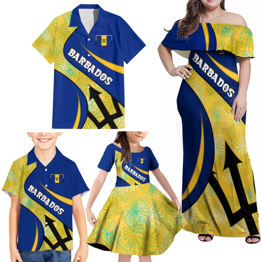 Barbados Flag Family Matching Off Shoulder Maxi Dress and Hawaiian Shirt Blue and Yellow with Trident and Tropical Leaf Pattern - Wonder Print Shop