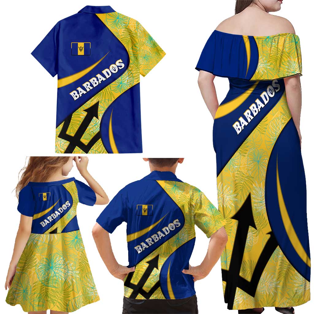 Barbados Flag Family Matching Off Shoulder Maxi Dress and Hawaiian Shirt Blue and Yellow with Trident and Tropical Leaf Pattern - Wonder Print Shop