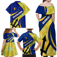 Barbados Flag Family Matching Off Shoulder Maxi Dress and Hawaiian Shirt Blue and Yellow with Trident and Tropical Leaf Pattern - Wonder Print Shop
