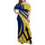 Barbados Flag Family Matching Off Shoulder Maxi Dress and Hawaiian Shirt Blue and Yellow with Trident and Tropical Leaf Pattern - Wonder Print Shop
