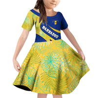 Barbados Flag Family Matching Off Shoulder Short Dress and Hawaiian Shirt Blue and Yellow with Trident and Tropical Leaf Pattern - Wonder Print Shop