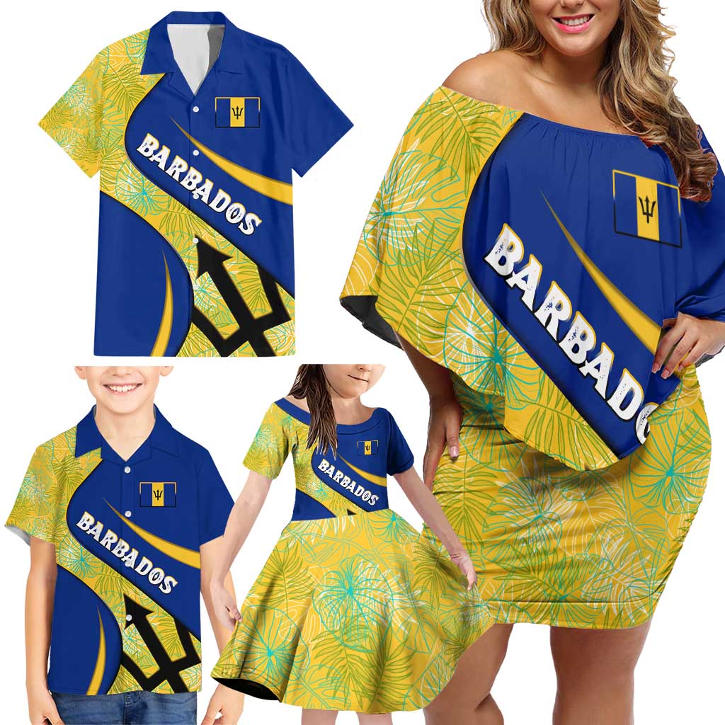 Barbados Flag Family Matching Off Shoulder Short Dress and Hawaiian Shirt Blue and Yellow with Trident and Tropical Leaf Pattern - Wonder Print Shop