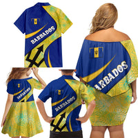 Barbados Flag Family Matching Off Shoulder Short Dress and Hawaiian Shirt Blue and Yellow with Trident and Tropical Leaf Pattern - Wonder Print Shop
