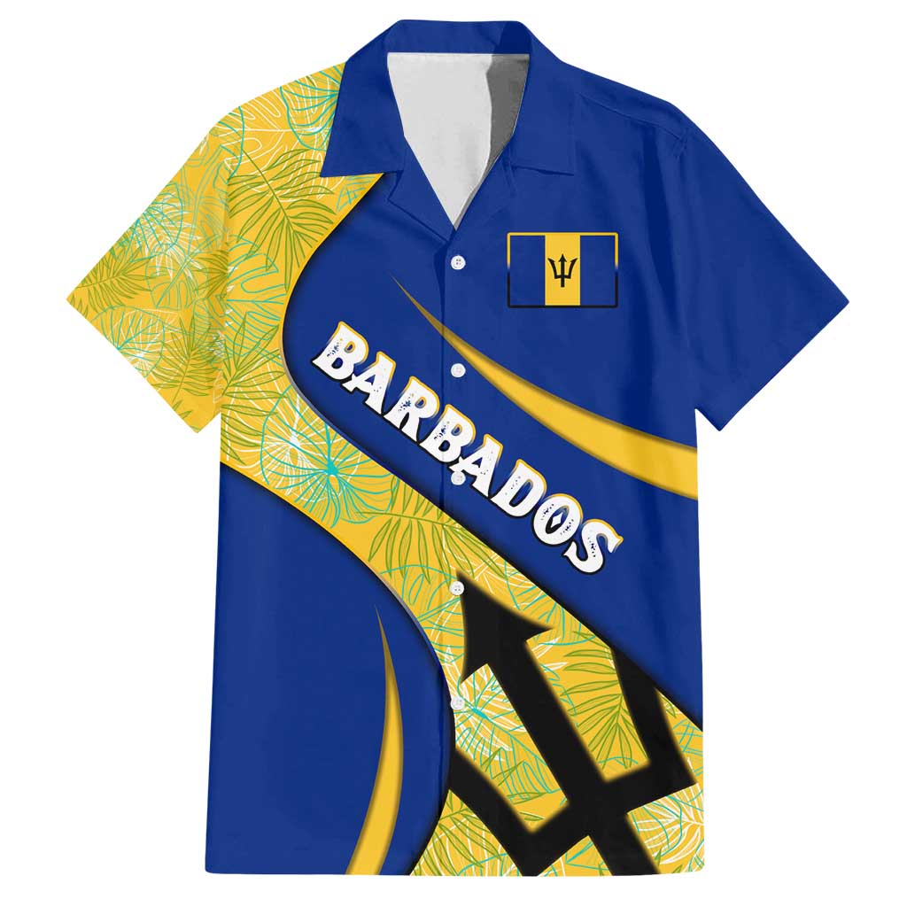 Barbados Flag Family Matching Off Shoulder Short Dress and Hawaiian Shirt Blue and Yellow with Trident and Tropical Leaf Pattern - Wonder Print Shop