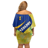 Barbados Flag Family Matching Off Shoulder Short Dress and Hawaiian Shirt Blue and Yellow with Trident and Tropical Leaf Pattern - Wonder Print Shop