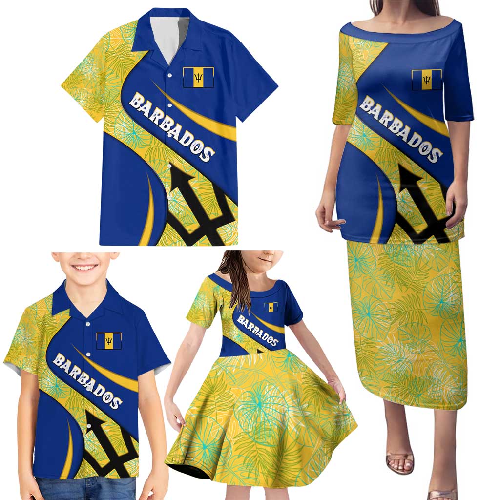 Barbados Flag Family Matching Puletasi and Hawaiian Shirt Blue and Yellow with Trident and Tropical Leaf Pattern - Wonder Print Shop