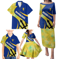 Barbados Flag Family Matching Puletasi and Hawaiian Shirt Blue and Yellow with Trident and Tropical Leaf Pattern - Wonder Print Shop