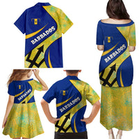 Barbados Flag Family Matching Puletasi and Hawaiian Shirt Blue and Yellow with Trident and Tropical Leaf Pattern - Wonder Print Shop